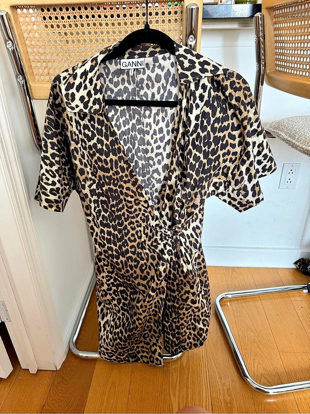 Ganni Leopard Printed Cotton Wrap Mini Dress